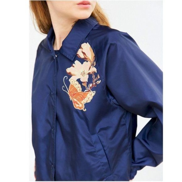 UO x SILENCE NOISE Navy Floral Satin Lightweight Windbreaker Bomber Jacket M - Picture 6 of 14